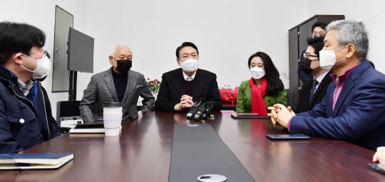 윤석열(왼쪽 세번째) 국민의힘 대선후보가 20일 서울 여의도 새시대준비위원회 김한길(왼쪽 두번째) 위원장실에서 열린 신지예(왼쪽 네번째) 한국여성정치 네트워크 대표 영입 환영식에서 발언하고 있다.<국회사진기자단·연합뉴스>